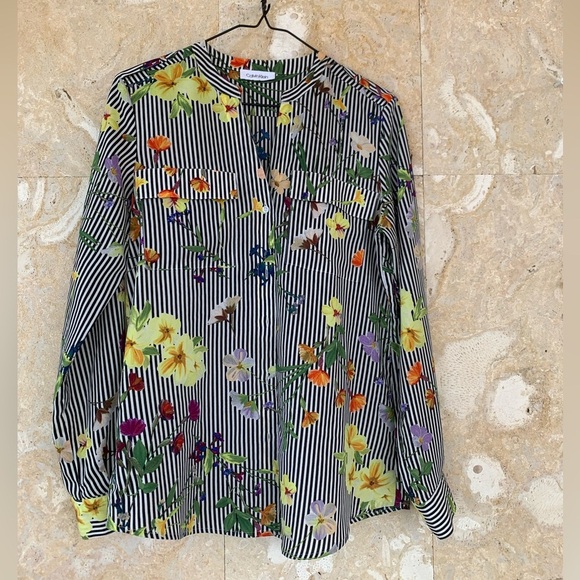 Calvin Klein Floral Striped Long Sleeve Blouse - Picture 1 of 10